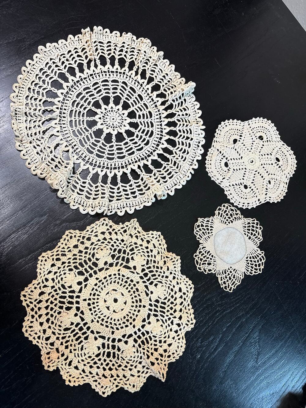 Vintage- Cottage Doilies Squares Assorted Lot of 4- tan beige- Shabby Chic